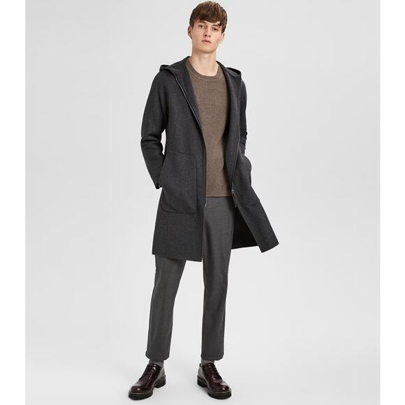 EUC Theory Double-Faced Wool Cashmere Hooded Duffle Coat Gray Longline Jacket L - Picture 1 of 16